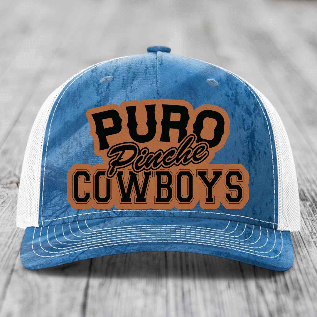 Puro Pinche Cowboys - Leather Patch Hat - Rawhide to Black Patch - Richardson 112PFP Snapback Trucker Hat