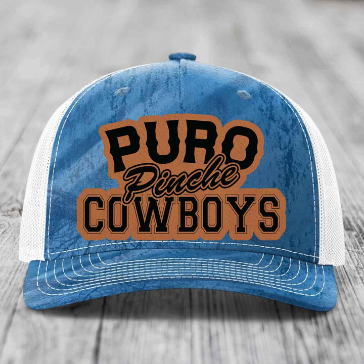 Puro Pinche Cowboys - Leather Patch Hat - Rawhide to Black Patch - Richardson 112PFP Snapback Trucker Hat