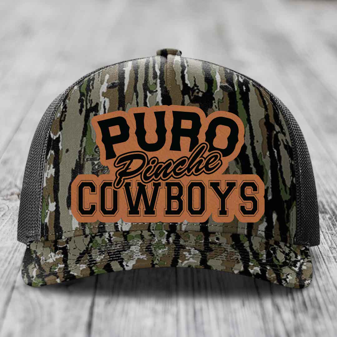 Puro Pinche Cowboys - Leather Patch Hat - Rawhide to Black Patch - Richardson 112PFP Snapback Trucker Hat