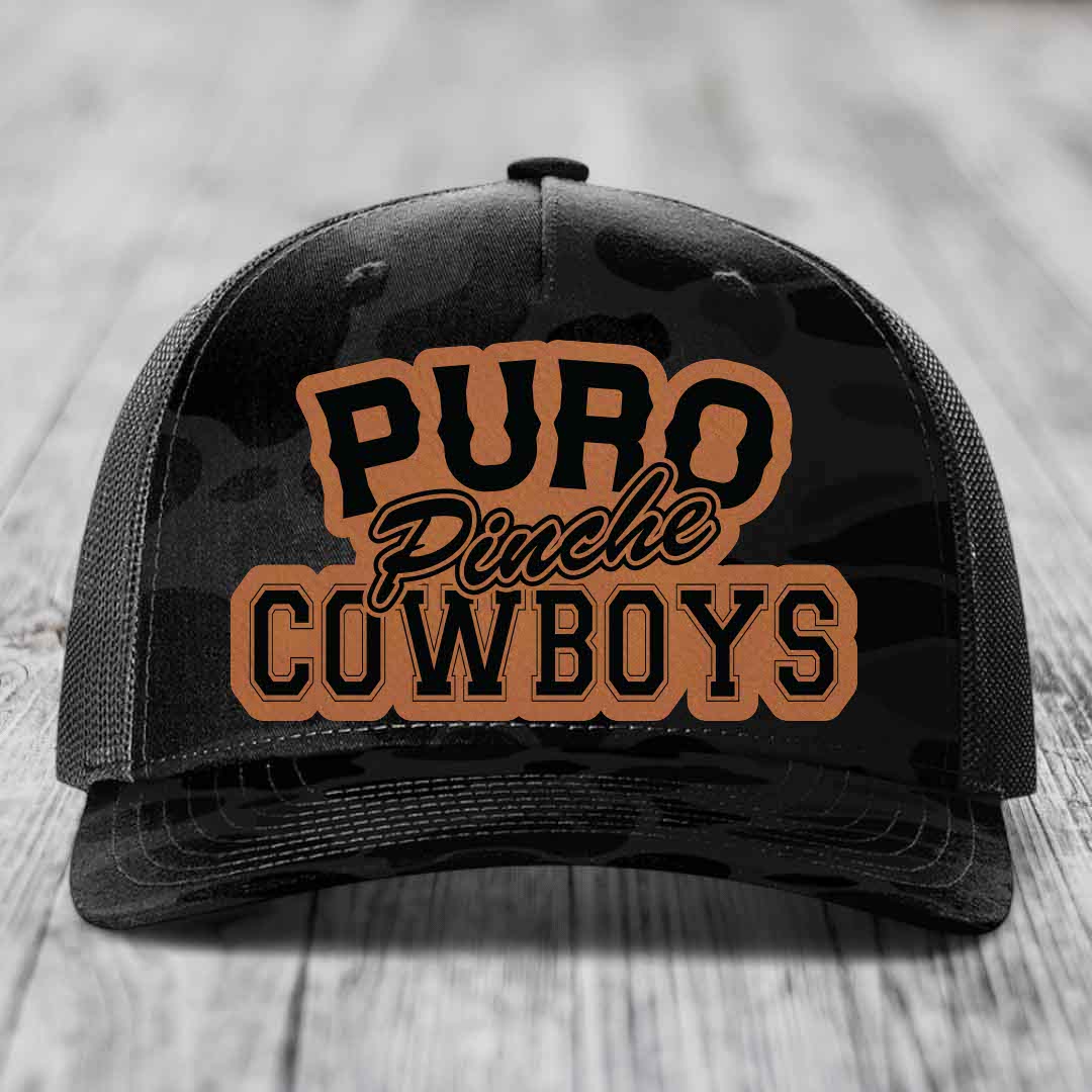 Puro Pinche Cowboys - Leather Patch Hat - Rawhide to Black Patch - Richardson 112PFP Snapback Trucker Hat