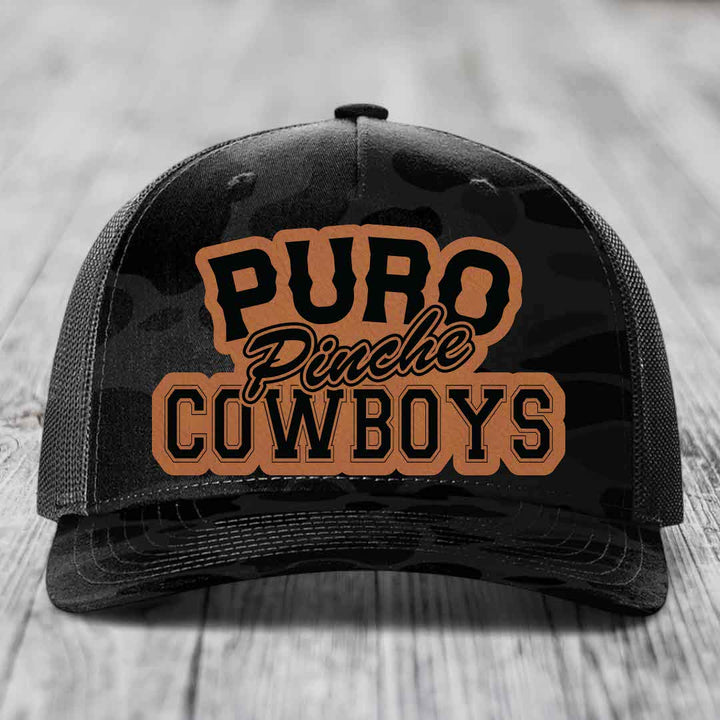 Puro Pinche Cowboys - Leather Patch Hat - Rawhide to Black Patch - Richardson 112PFP Snapback Trucker Hat