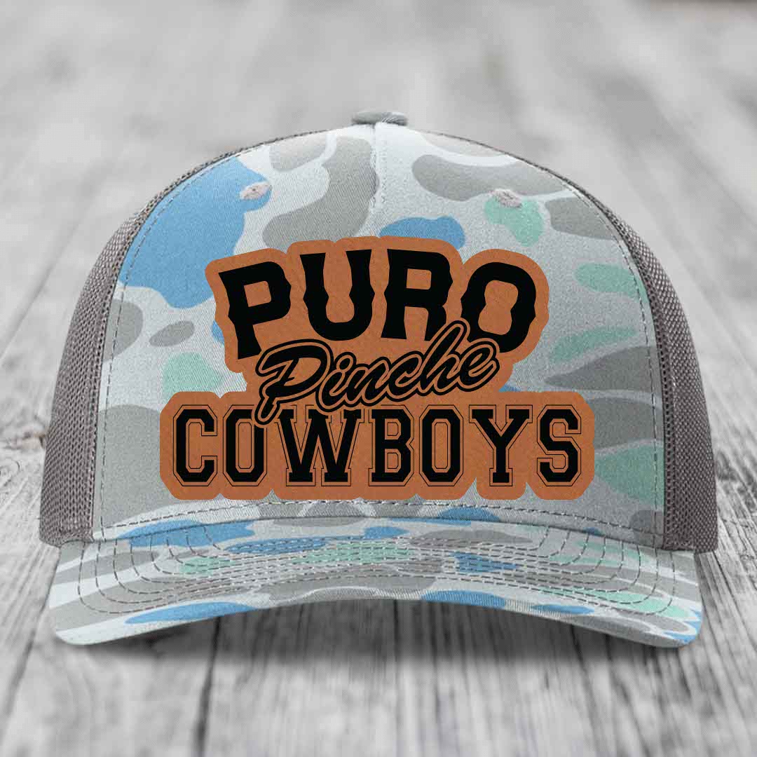 Puro Pinche Cowboys - Leather Patch Hat - Rawhide to Black Patch - Richardson 112PFP Snapback Trucker Hat