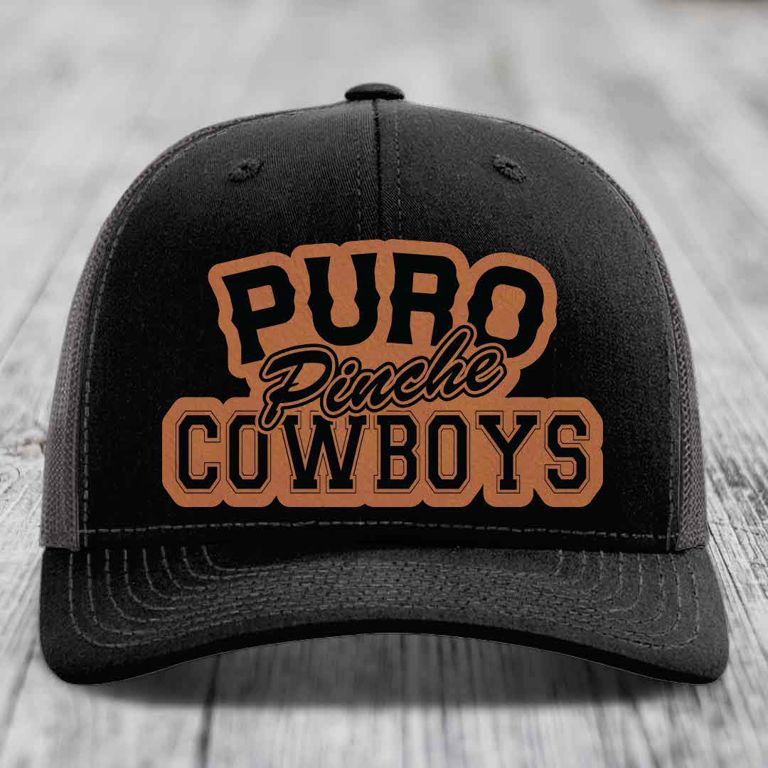 Puro Pinche Cowboys - Leather Patch Hat - Rawhide to Black Patch - Richardson 112 Snapback Trucker Hat