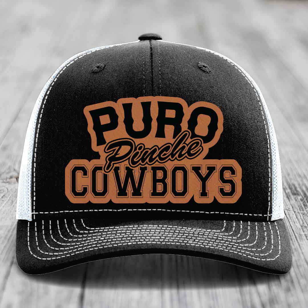 Puro Pinche Cowboys - Leather Patch Hat - Rawhide to Black Patch - Richardson 112 Snapback Trucker Hat