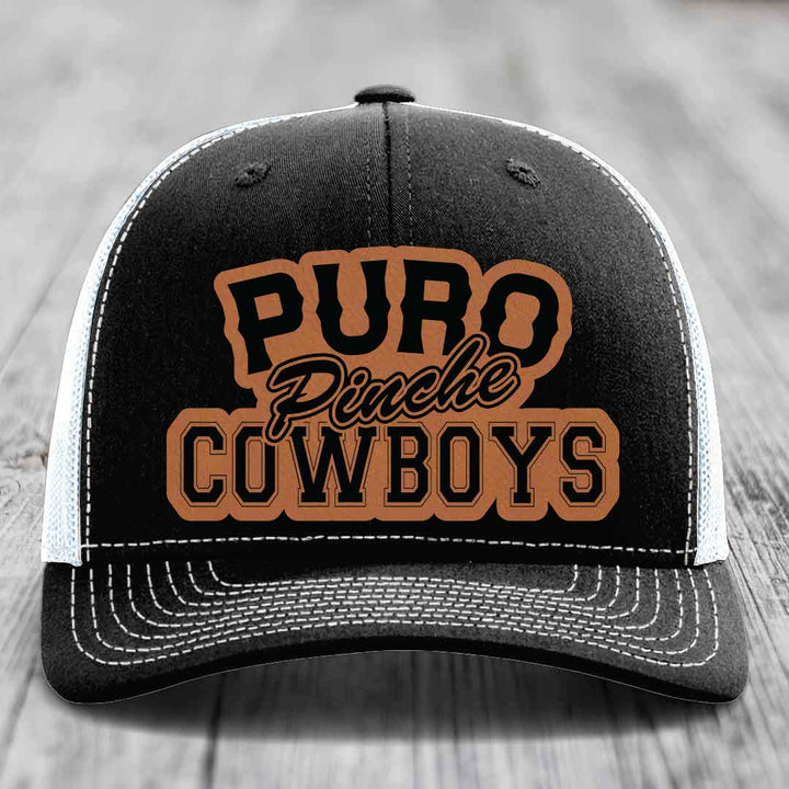 Puro Pinche Cowboys - Leather Patch Hat - Rawhide to Black Patch - Richardson 112 Snapback Trucker Hat