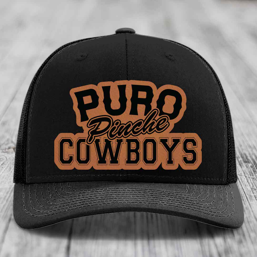 Puro Pinche Cowboys - Leather Patch Hat - Rawhide to Black Patch - Richardson 112 Snapback Trucker Hat