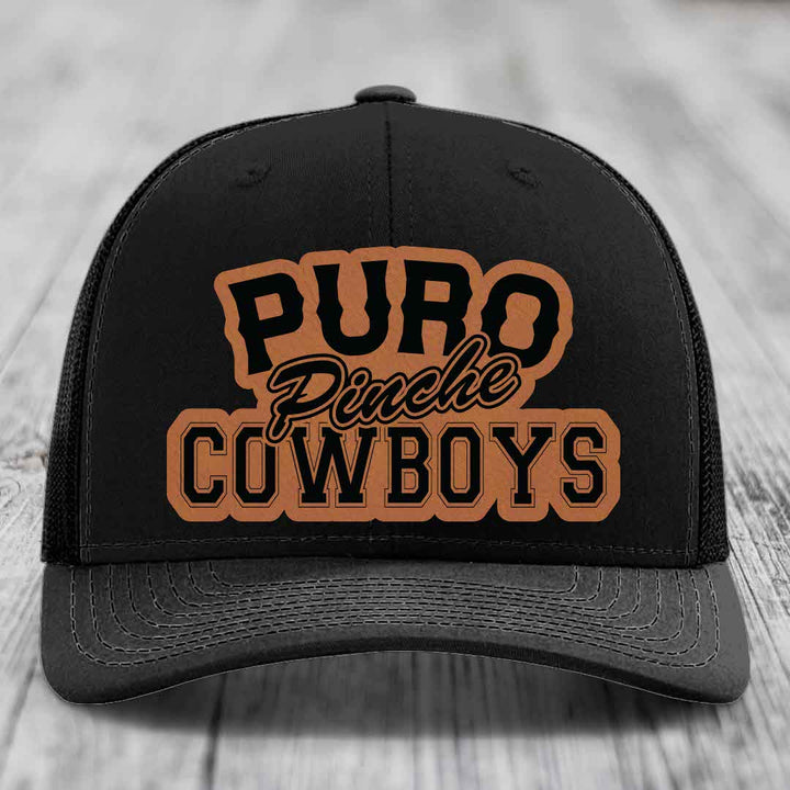 Puro Pinche Cowboys - Leather Patch Hat - Rawhide to Black Patch - Richardson 112 Snapback Trucker Hat