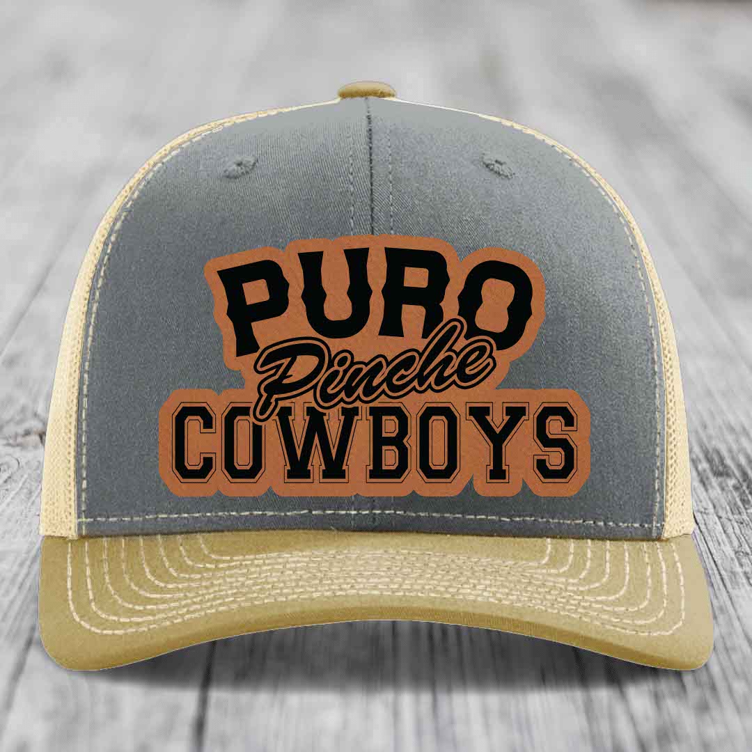 Puro Pinche Cowboys - Leather Patch Hat - Rawhide to Black Patch - Richardson 112 Snapback Trucker Hat