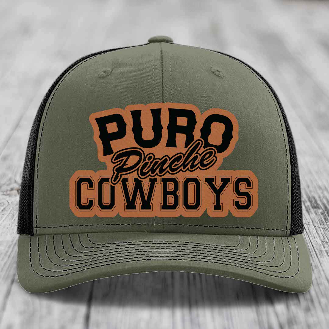 Puro Pinche Cowboys - Leather Patch Hat - Rawhide to Black Patch - Richardson 112 Snapback Trucker Hat
