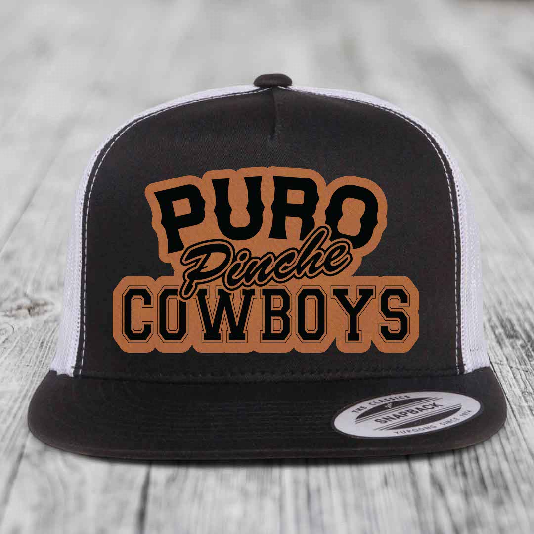 Puro Pinche Cowboys - Leather Patch Hat - Rawhide to Black Patch - Yupoong 6006 Snapback Flatbill Hat