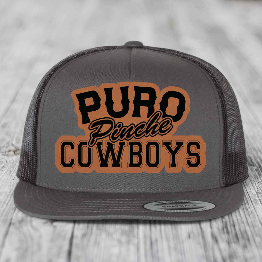 Puro Pinche Cowboys - Leather Patch Hat - Rawhide to Black Patch - Yupoong 6006 Snapback Flatbill Hat