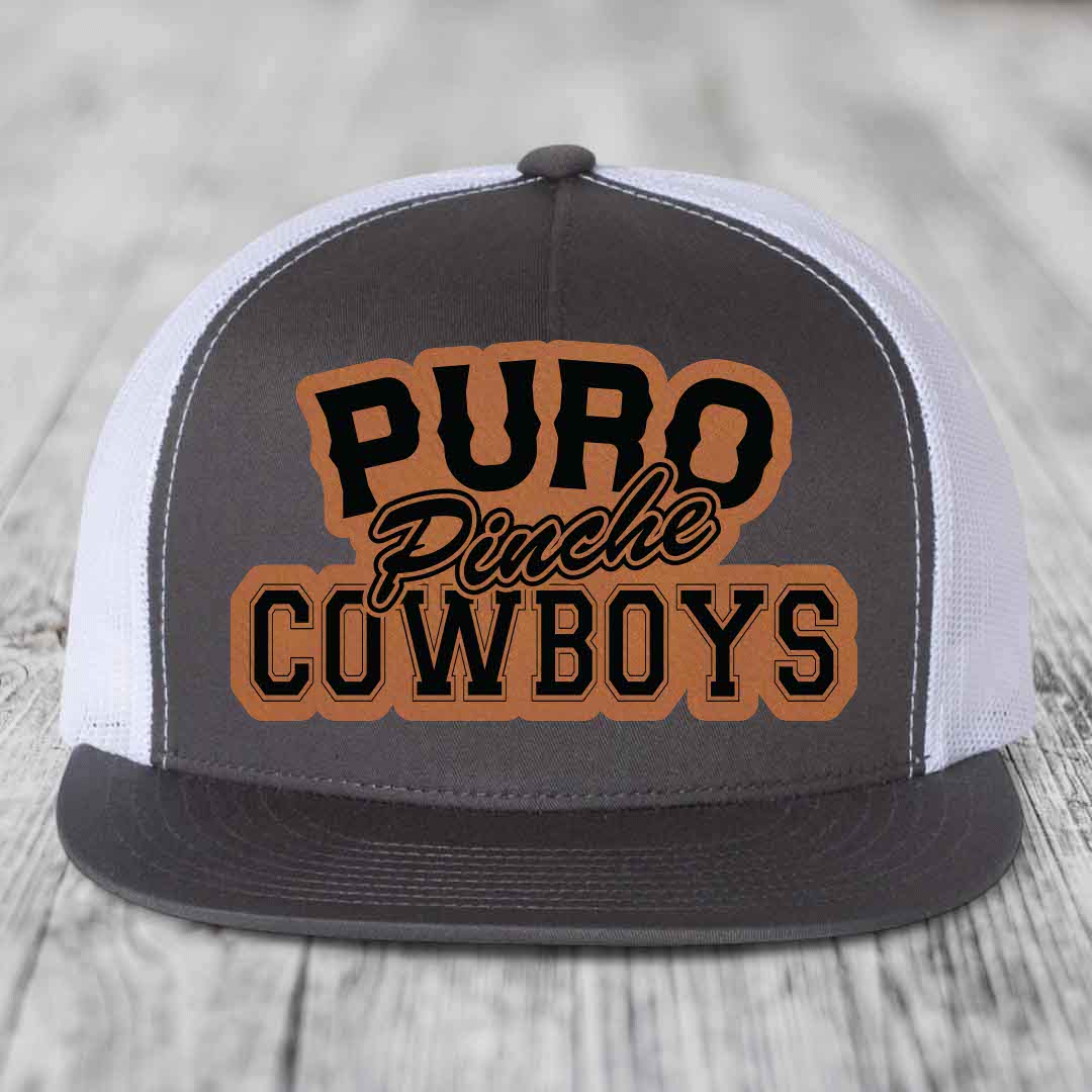 Puro Pinche Cowboys - Leather Patch Hat - Rawhide to Black Patch - Yupoong 6006 Snapback Flatbill Hat