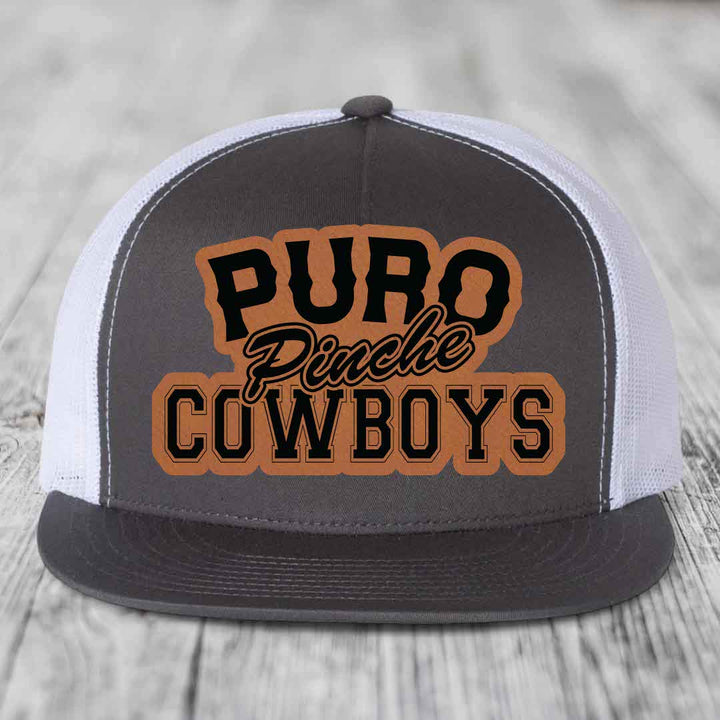 Puro Pinche Cowboys - Leather Patch Hat - Rawhide to Black Patch - Yupoong 6006 Snapback Flatbill Hat