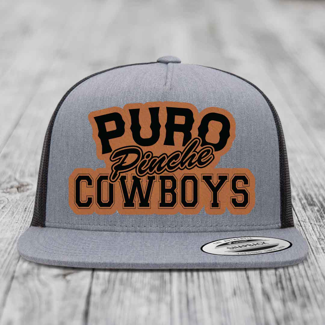 Puro Pinche Cowboys - Leather Patch Hat - Rawhide to Black Patch - Yupoong 6006 Snapback Flatbill Hat
