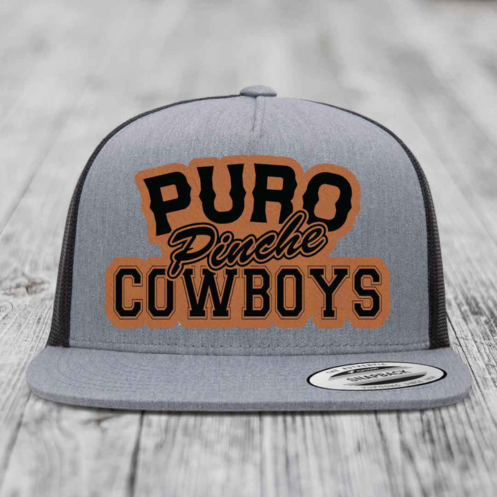 Puro Pinche Cowboys - Leather Patch Hat - Rawhide to Black Patch - Yupoong 6006 Snapback Flatbill Hat