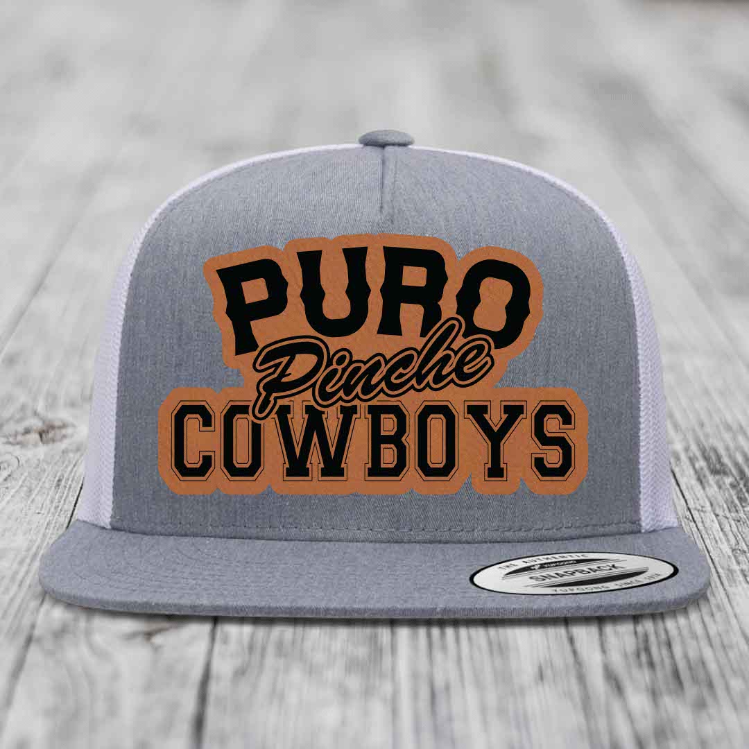 Puro Pinche Cowboys - Leather Patch Hat - Rawhide to Black Patch - Yupoong 6006 Snapback Flatbill Hat