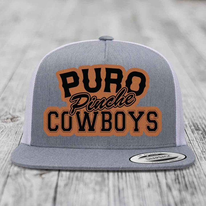 Puro Pinche Cowboys - Leather Patch Hat - Rawhide to Black Patch - Yupoong 6006 Snapback Flatbill Hat