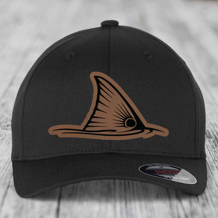 Redfish Tail - Leather Patch Hat - Dark Brown to Black Patch - Flexfit 6277 Fitted Hat