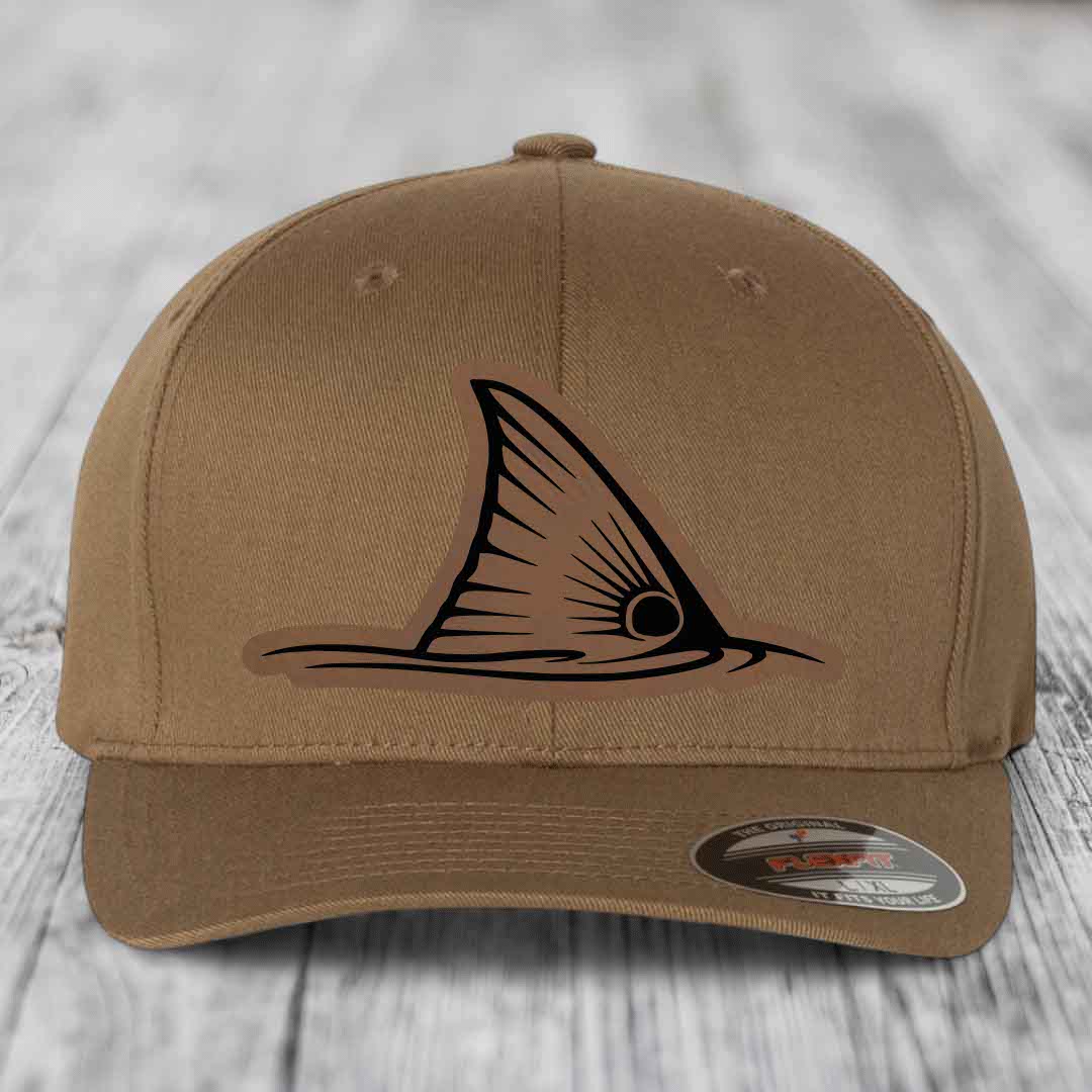 Redfish Tail - Leather Patch Hat - Dark Brown to Black Patch - Flexfit 6277 Fitted Hat