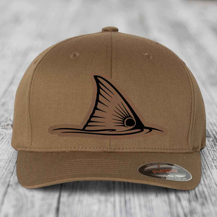 Redfish Tail - Leather Patch Hat - Dark Brown to Black Patch - Flexfit 6277 Fitted Hat
