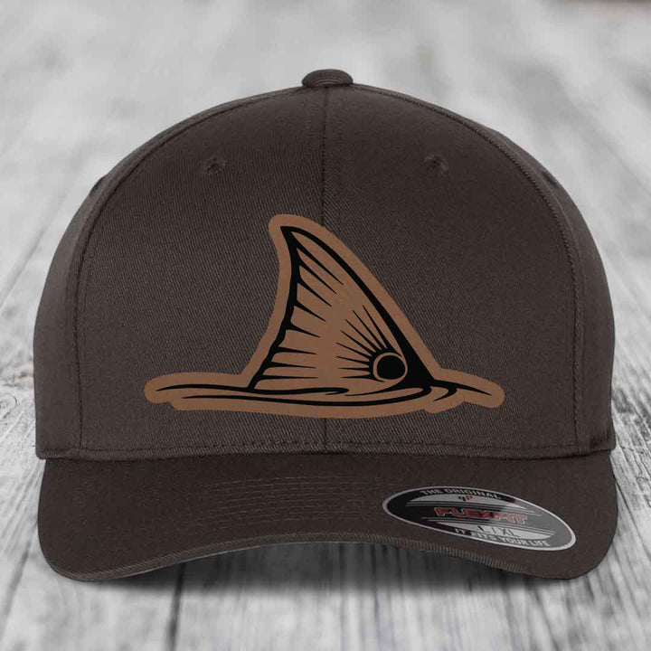 Redfish Tail - Leather Patch Hat - Dark Brown to Black Patch - Flexfit 6277 Fitted Hat