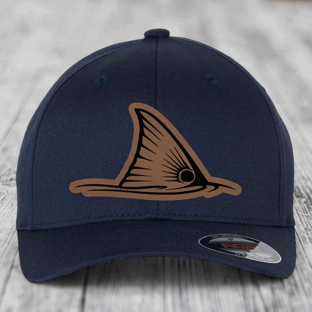 Redfish Tail - Leather Patch Hat - Dark Brown to Black Patch - Flexfit 6277 Fitted Hat