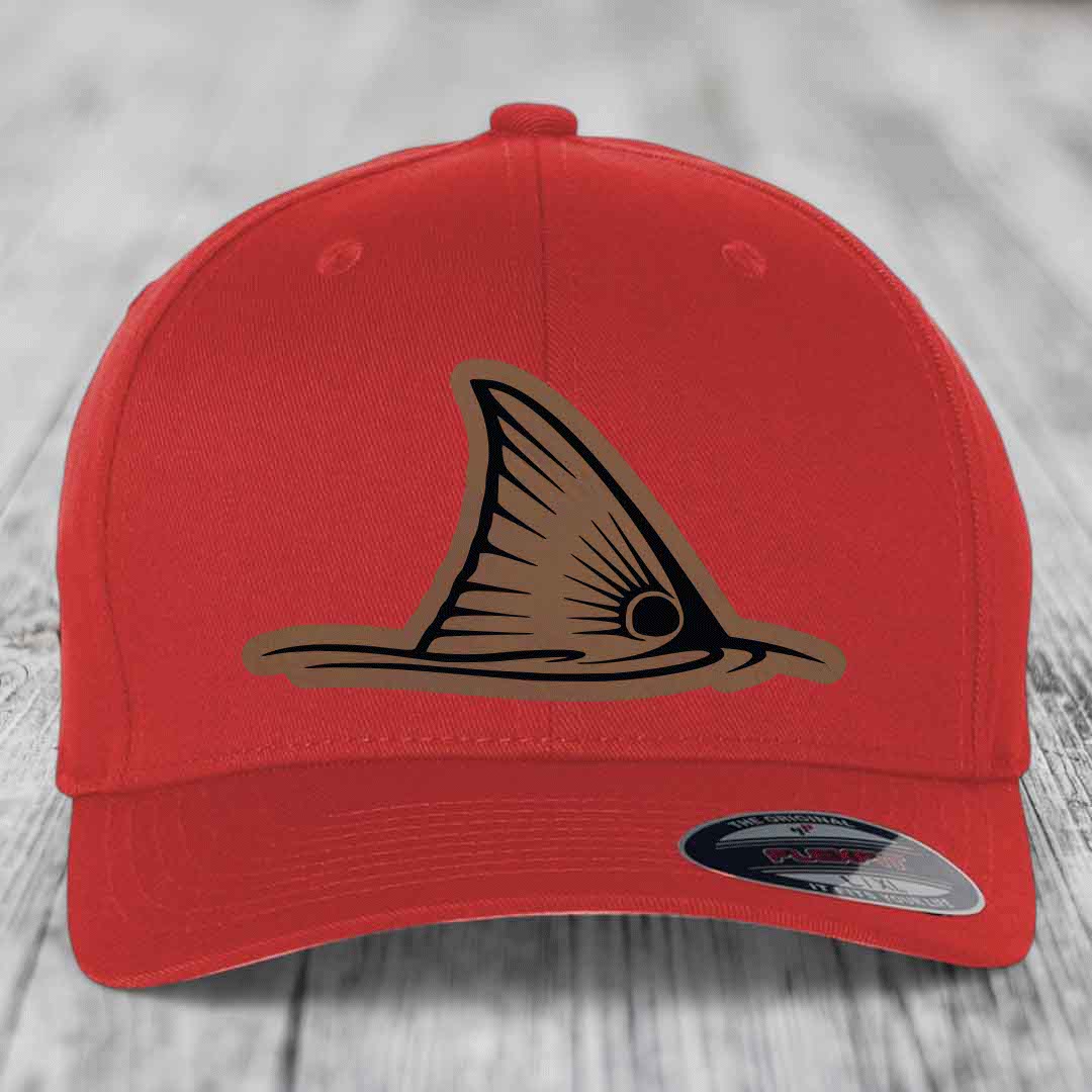 Redfish Tail - Leather Patch Hat - Dark Brown to Black Patch - Flexfit 6277 Fitted Hat
