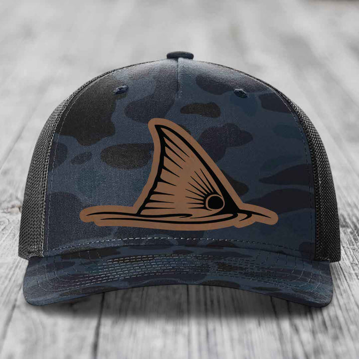 Redfish Tail - Leather Patch Hat - Dark Brown to Black Patch - Richardson 112PFP Snapback Trucker Hat