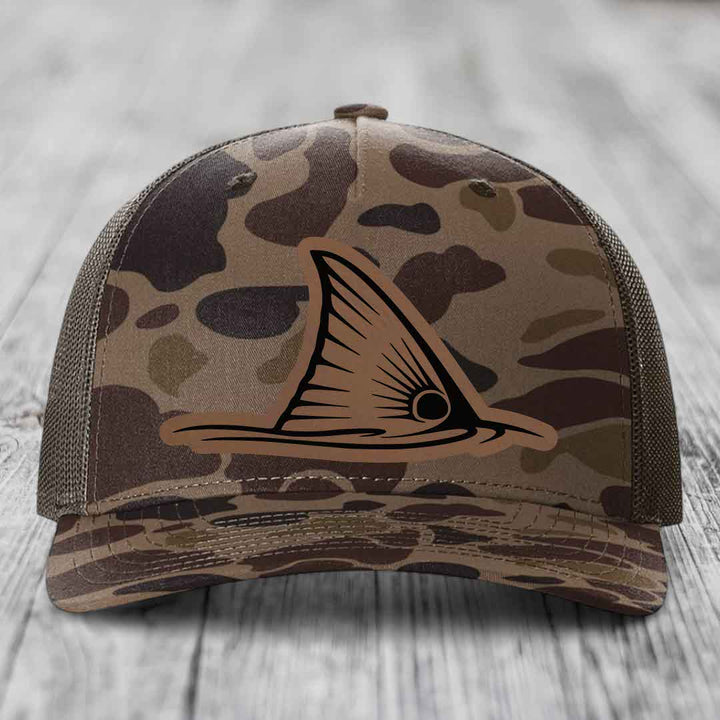 Redfish Tail - Leather Patch Hat - Dark Brown to Black Patch - Richardson 112PFP Snapback Trucker Hat