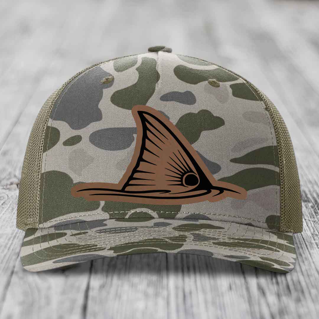 Redfish Tail - Leather Patch Hat - Dark Brown to Black Patch - Richardson 112PFP Snapback Trucker Hat