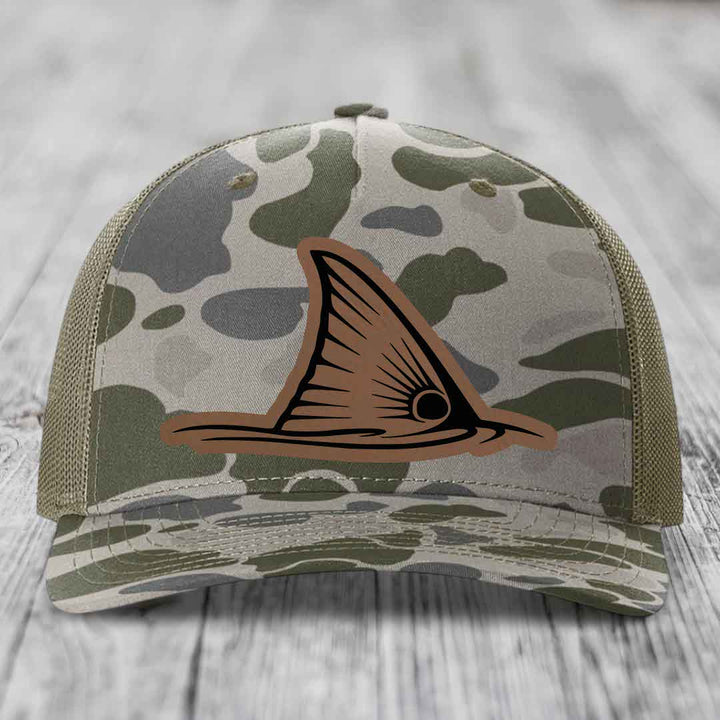 Redfish Tail - Leather Patch Hat - Dark Brown to Black Patch - Richardson 112PFP Snapback Trucker Hat