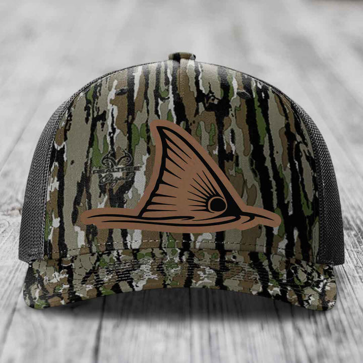 Redfish Tail - Leather Patch Hat - Dark Brown to Black Patch - Richardson 112PFP Snapback Trucker Hat