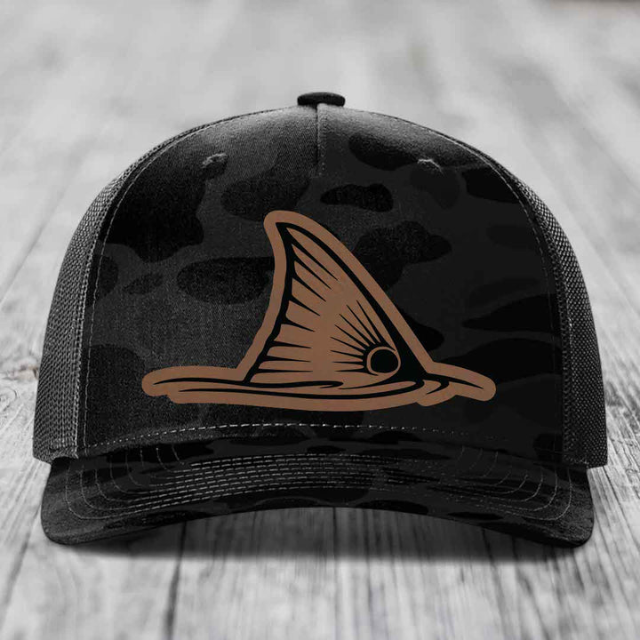 Redfish Tail - Leather Patch Hat - Dark Brown to Black Patch - Richardson 112PFP Snapback Trucker Hat