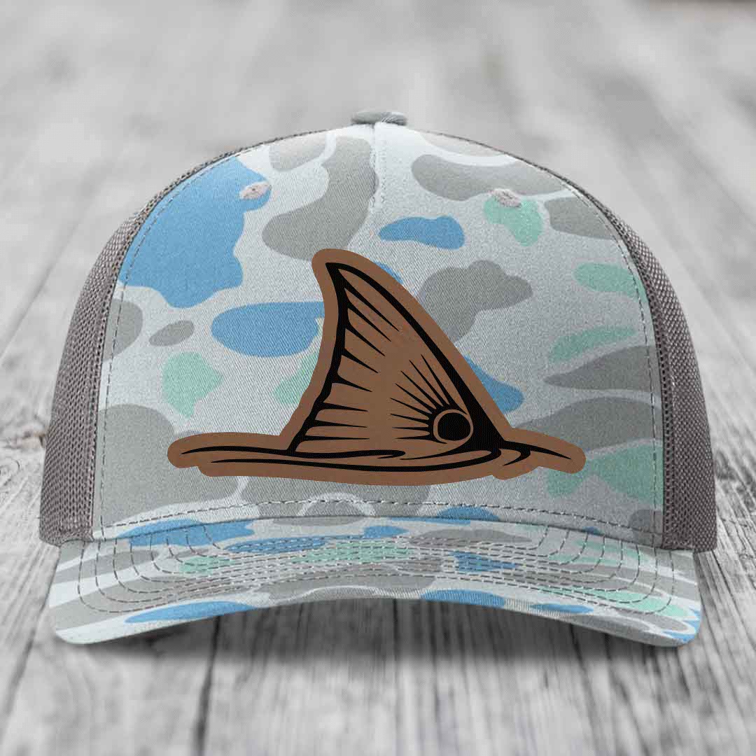 Redfish Tail - Leather Patch Hat - Dark Brown to Black Patch - Richardson 112PFP Snapback Trucker Hat
