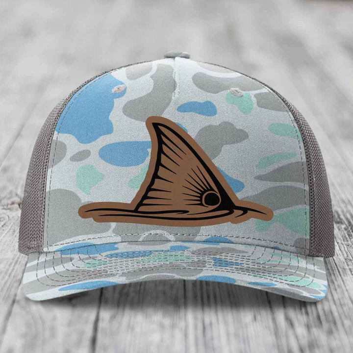 Redfish Tail - Leather Patch Hat - Dark Brown to Black Patch - Richardson 112PFP Snapback Trucker Hat