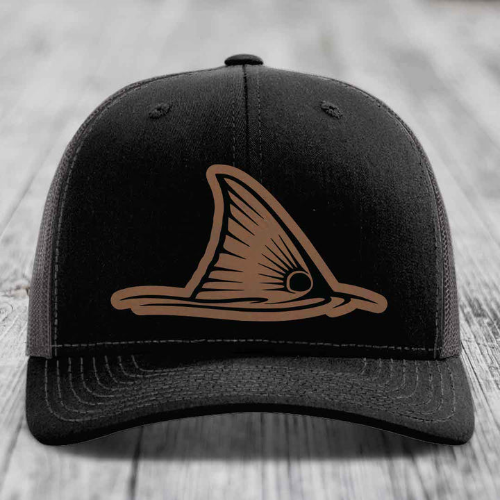 Redfish Tail - Leather Patch Hat - Dark Brown to Black Patch - Richardson 112 Snapback Trucker Hat