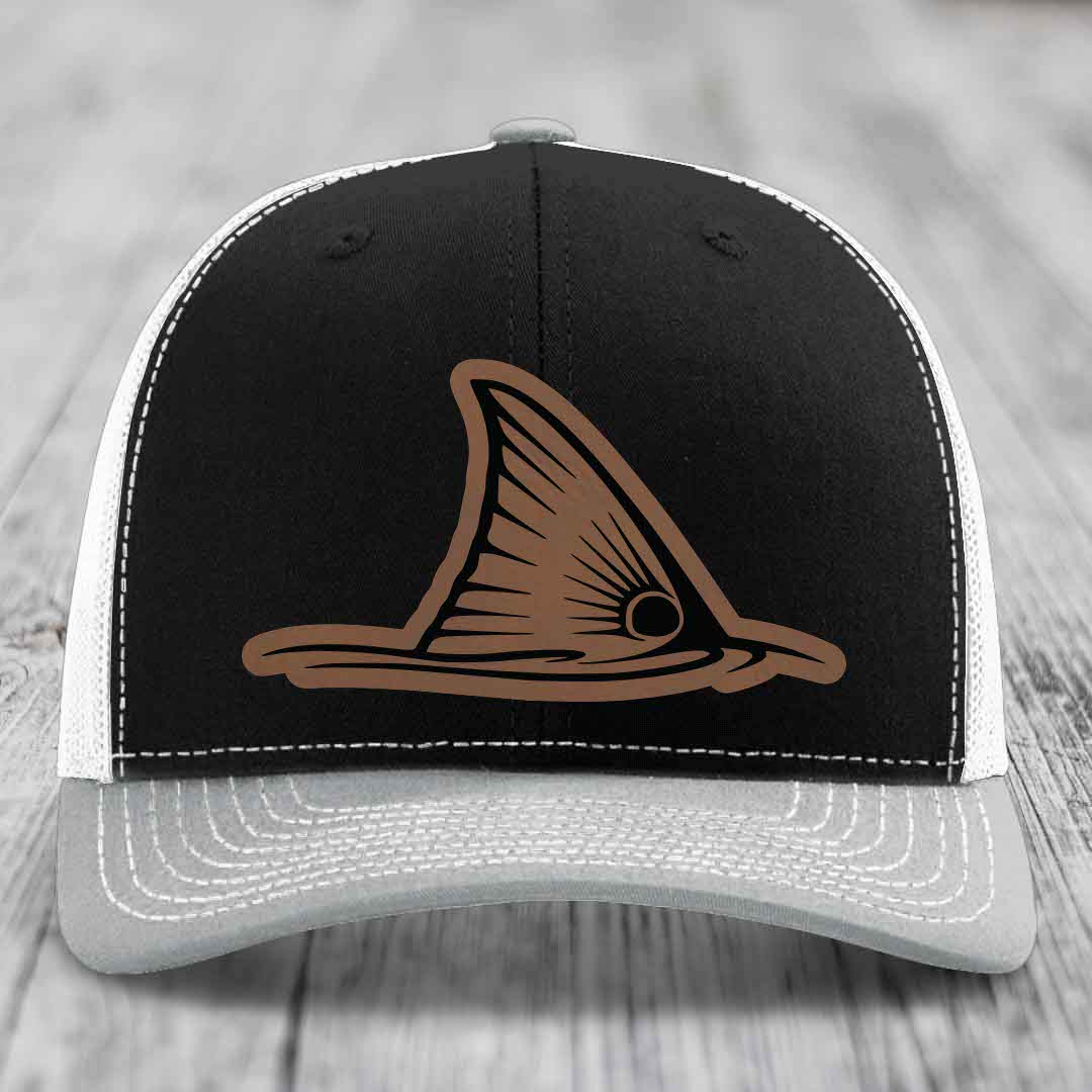 Redfish Tail - Leather Patch Hat - Dark Brown to Black Patch - Richardson 112 Snapback Trucker Hat