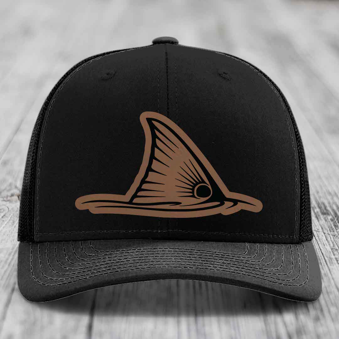 Redfish Tail - Leather Patch Hat - Dark Brown to Black Patch - Richardson 112 Snapback Trucker Hat