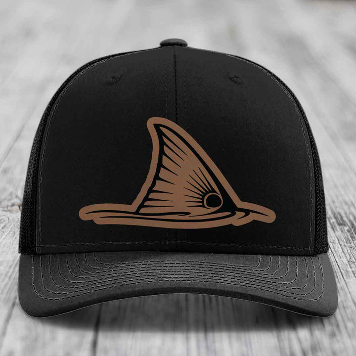Redfish Tail - Leather Patch Hat - Dark Brown to Black Patch - Richardson 112 Snapback Trucker Hat