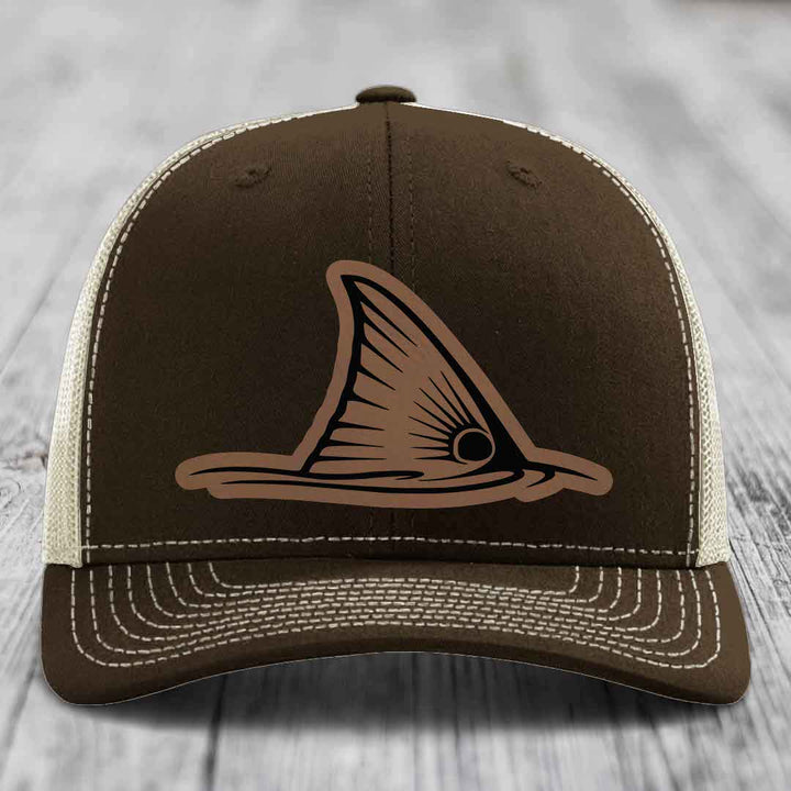 Redfish Tail - Leather Patch Hat - Dark Brown to Black Patch - Richardson 112 Snapback Trucker Hat