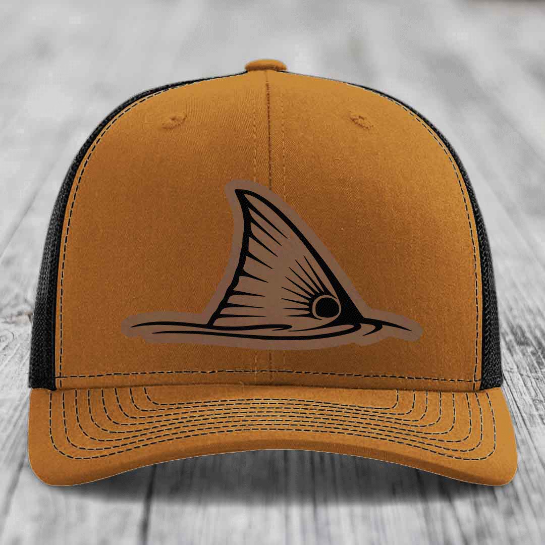 Redfish Tail - Leather Patch Hat - Dark Brown to Black Patch - Richardson 112 Snapback Trucker Hat
