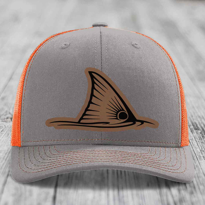 Redfish Tail - Leather Patch Hat - Dark Brown to Black Patch - Richardson 112 Snapback Trucker Hat
