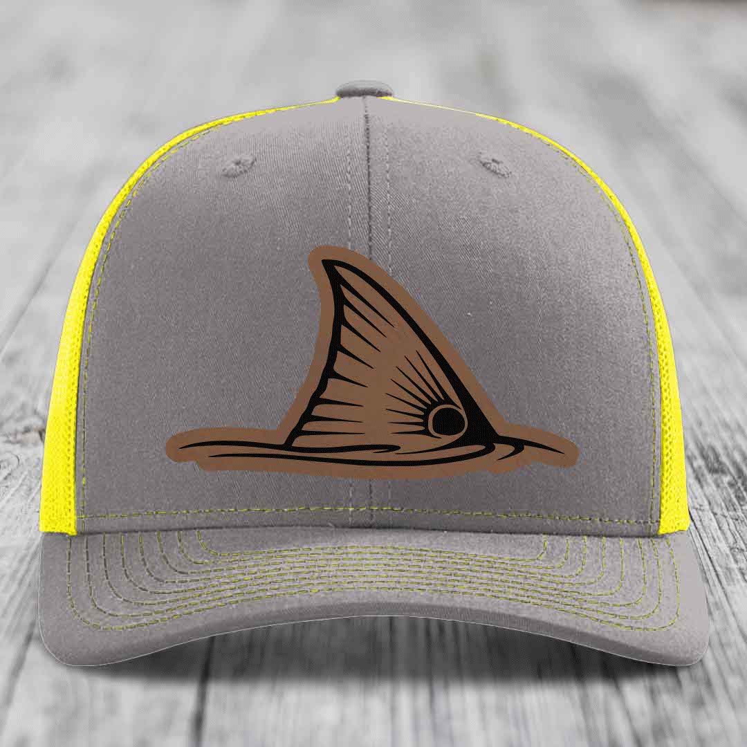 Redfish Tail - Leather Patch Hat - Dark Brown to Black Patch - Richardson 112 Snapback Trucker Hat