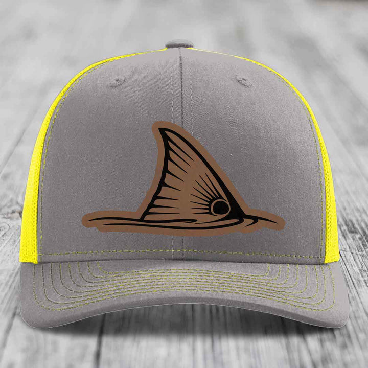 Redfish Tail - Leather Patch Hat - Dark Brown to Black Patch - Richardson 112 Snapback Trucker Hat