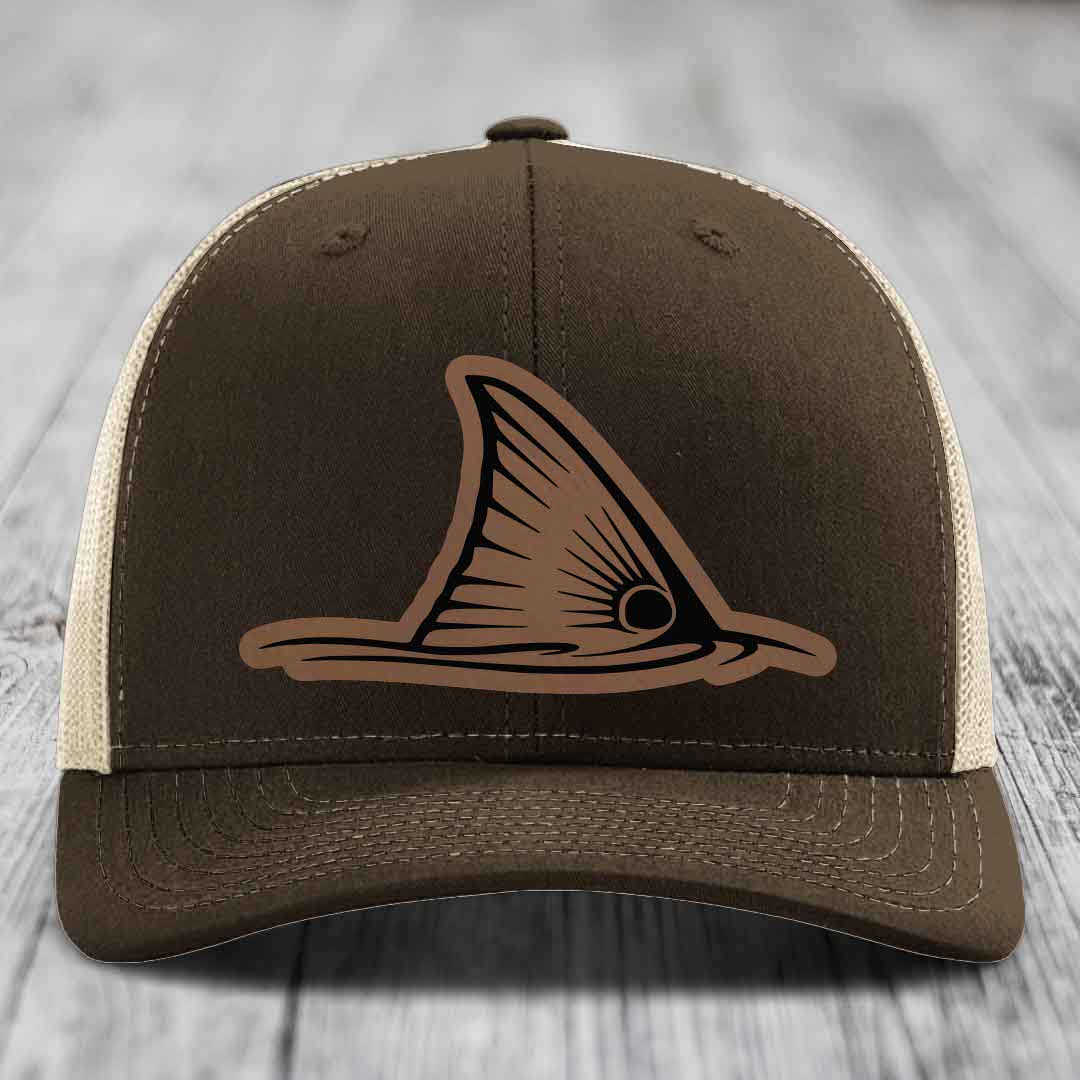 Redfish Tail - Leather Patch Hat - Dark Brown to Black Patch - Richardson 112 Snapback Trucker Hat