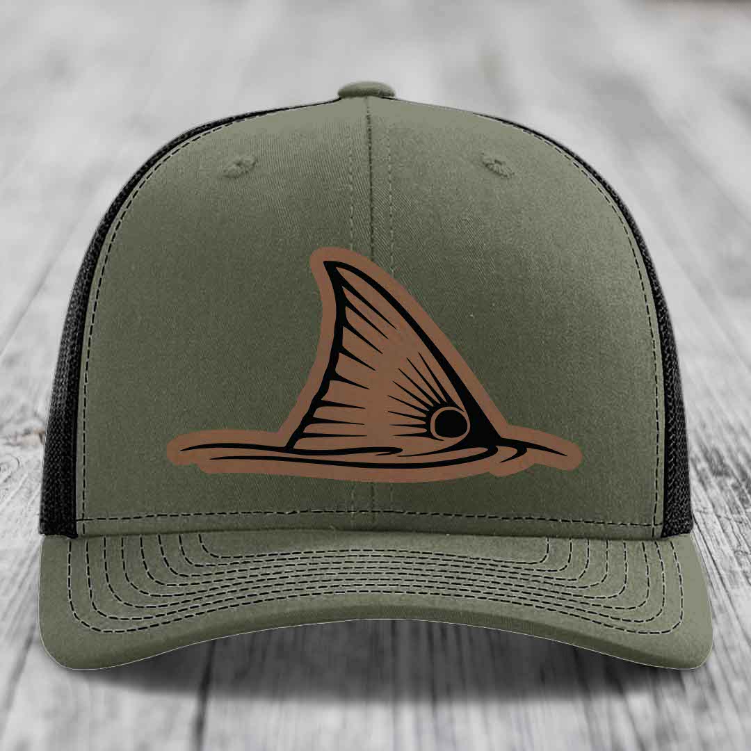 Redfish Tail - Leather Patch Hat - Dark Brown to Black Patch - Richardson 112 Snapback Trucker Hat