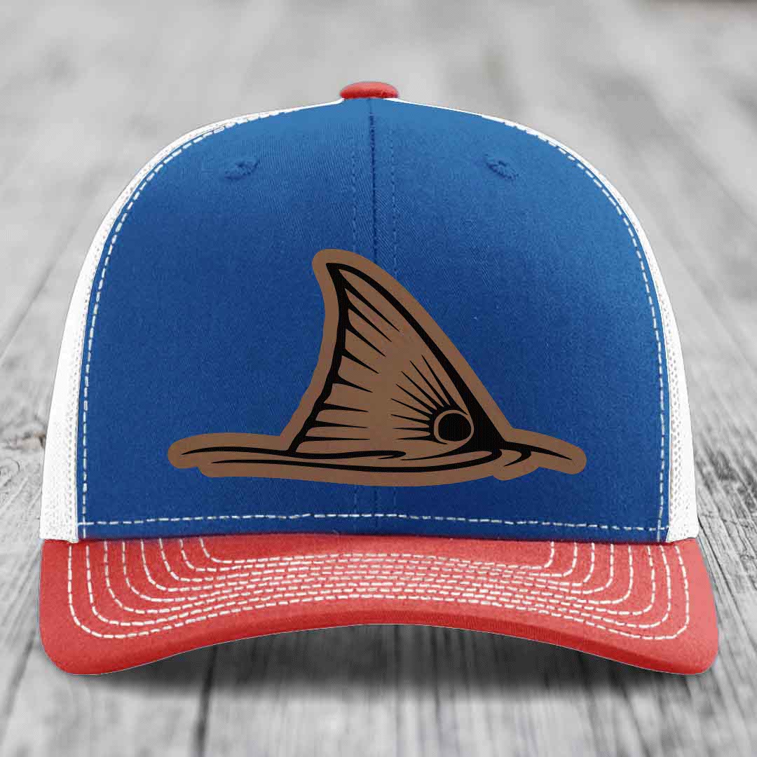 Redfish Tail - Leather Patch Hat - Dark Brown to Black Patch - Richardson 112 Snapback Trucker Hat