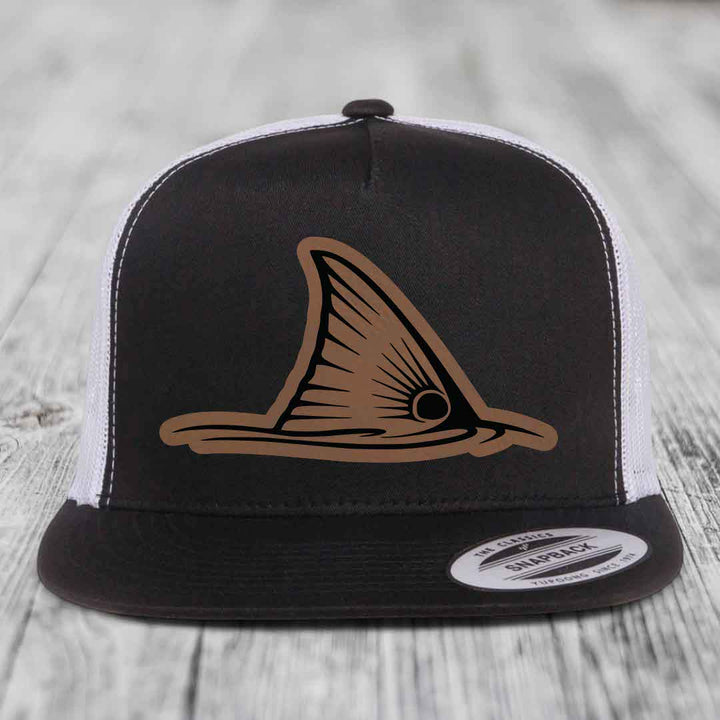 Redfish Tail - Leather Patch Hat - Dark Brown to Black Patch - Yupoong 6006 Snapback Flatbill Hat