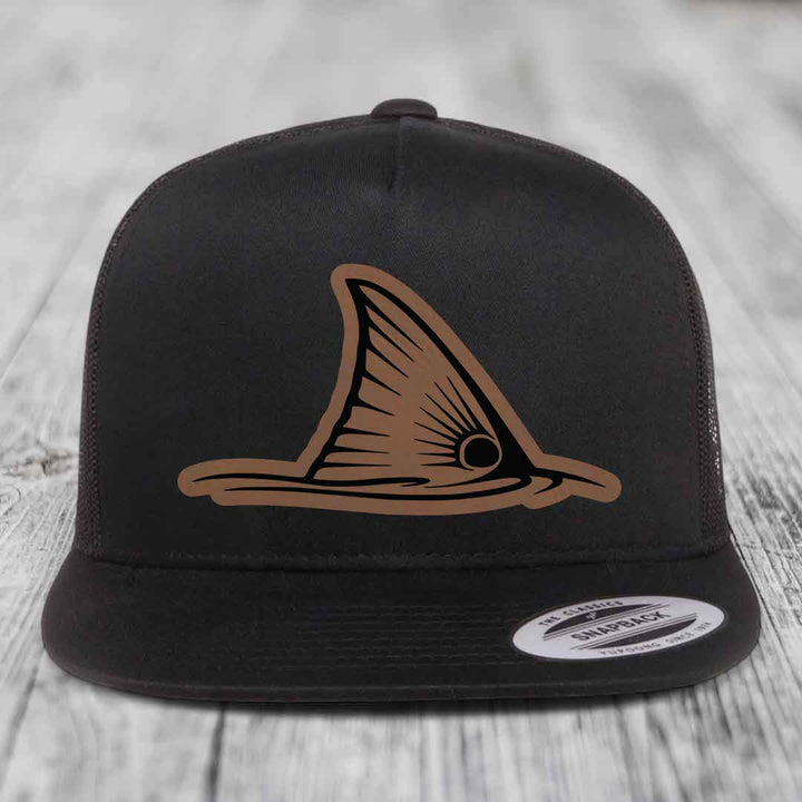 Redfish Tail - Leather Patch Hat - Dark Brown to Black Patch - Yupoong 6006 Snapback Flatbill Hat