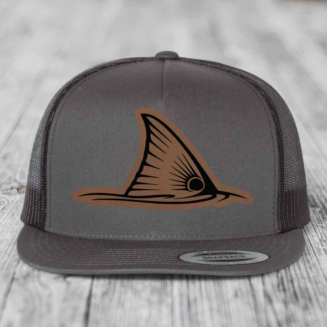 Redfish Tail - Leather Patch Hat - Dark Brown to Black Patch - Yupoong 6006 Snapback Flatbill Hat